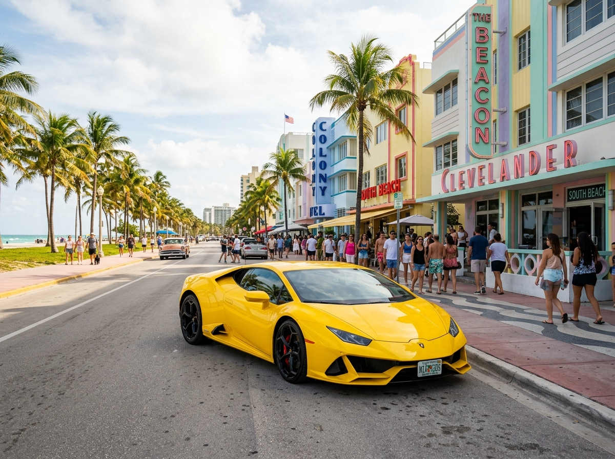 2021 Lamborghini Huracan EVO in Miami yellow parked on Ocean Drive South Beach