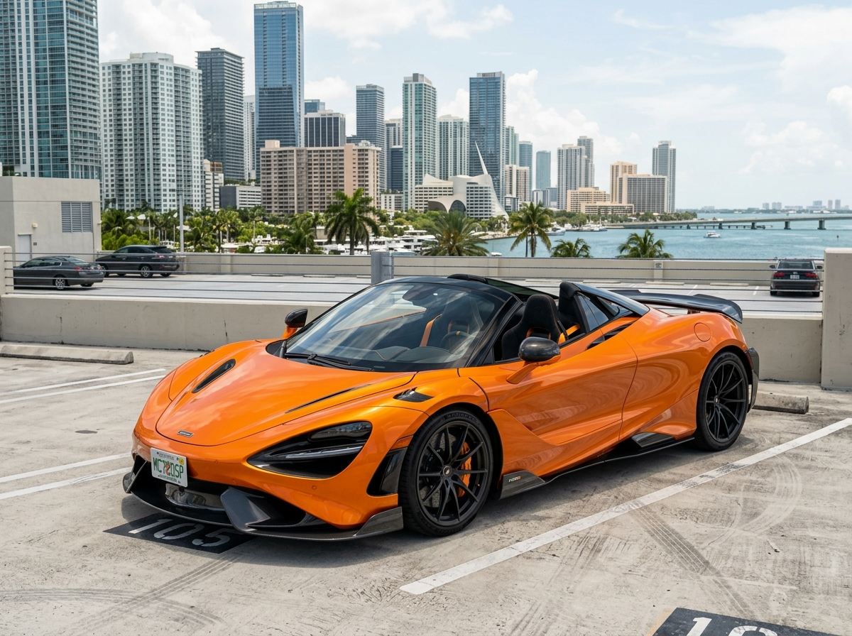 2021 McLaren 720S Spider in Papaya Spark orange with roof open on Miami Brickell rooftop parking