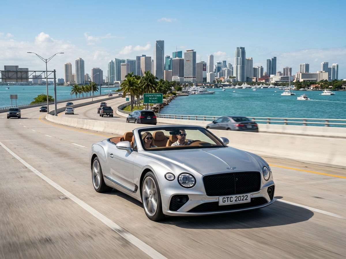 2022 Bentley Continental GT convertible in silver driving along Miami Biscayne Bay causeway with top down