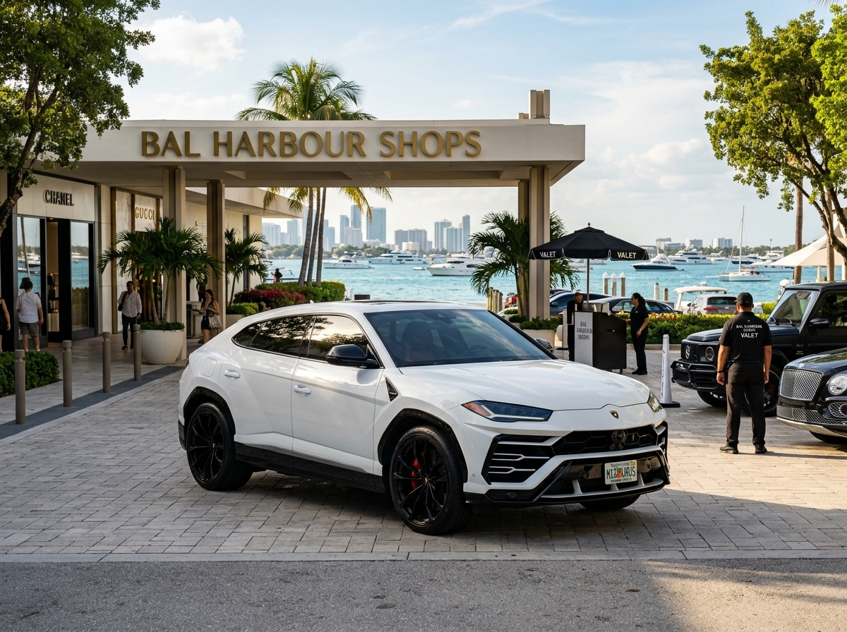 2023 Lamborghini Urus in Pearl White parked at Bal Harbour Shops valet Miami with Biscayne Bay in background