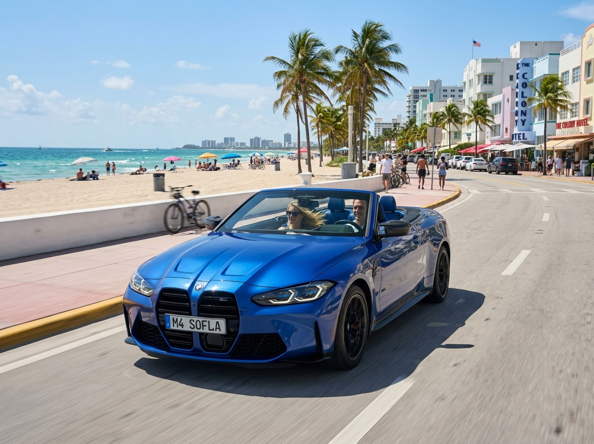 2024 BMW M4 Competition Cabrio in Portimao Blue with top down driving along South Beach Miami oceanfront