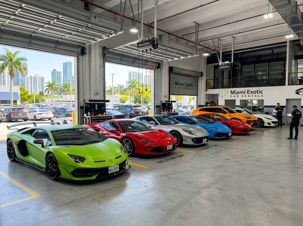 Row of Lamborghini and Ferrari supercars lined up in Miami exotic car rental garage ready for delivery