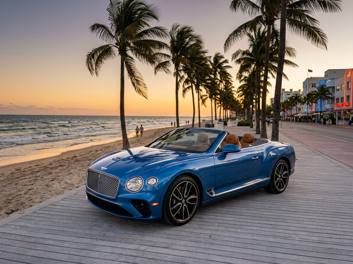 Bentley Continental GT convertible with top down on Miami Beach oceanfront boardwalk at golden hour