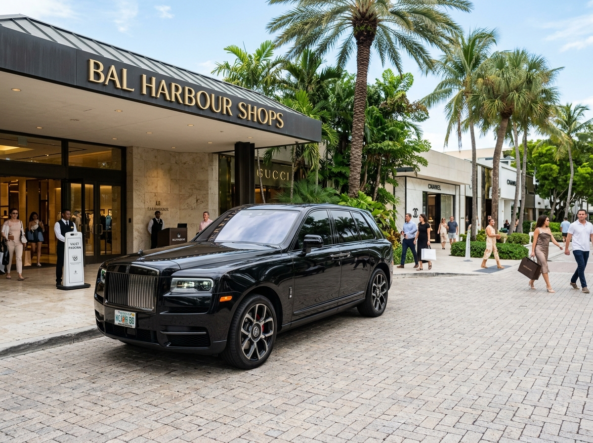 Rolls-Royce Cullinan Black Badge luxury SUV parked at Bal Harbour Shops Miami entrance