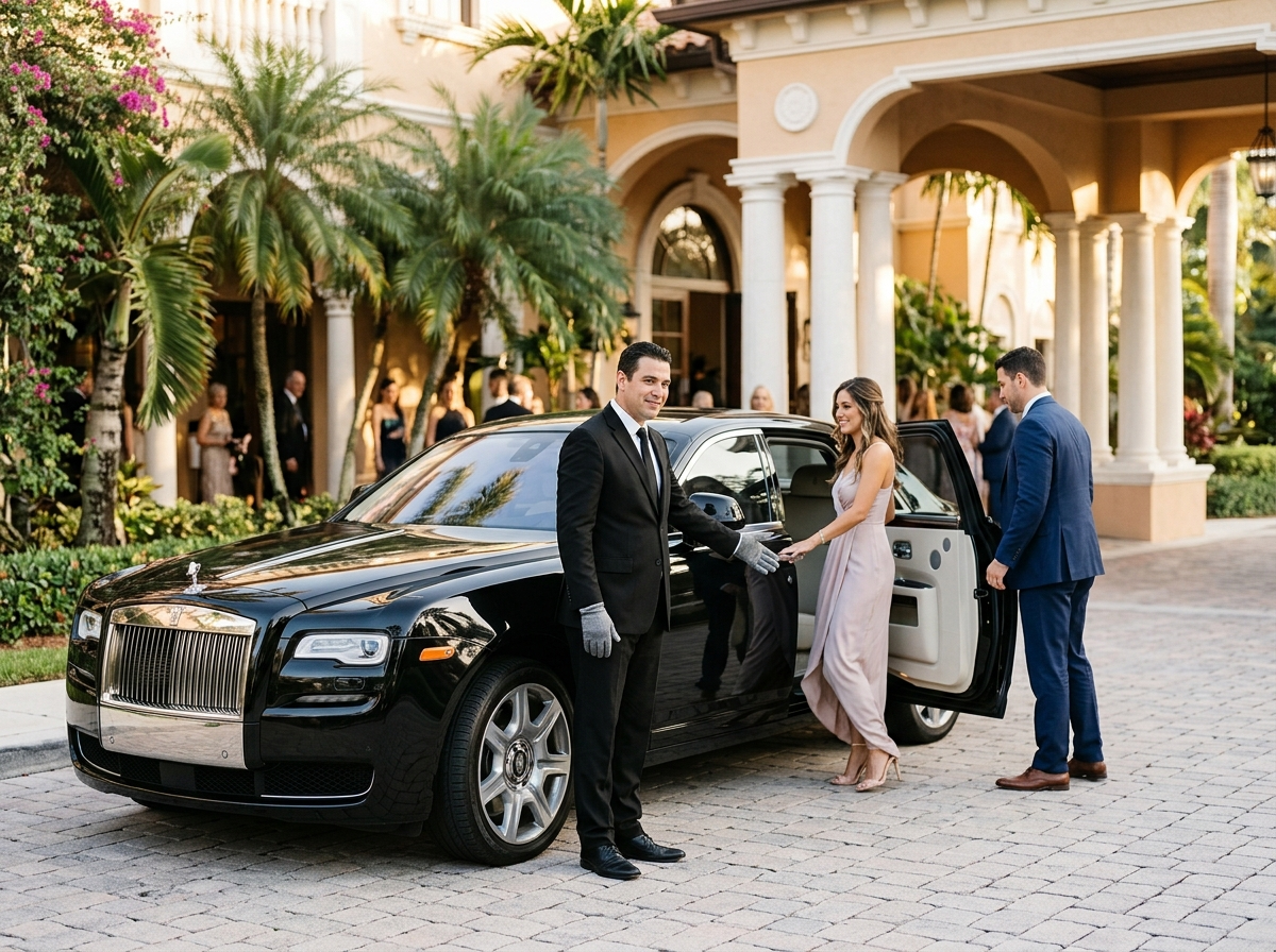 Professional chauffeur in black suit opening door of Rolls-Royce Ghost for guests at Miami wedding venue